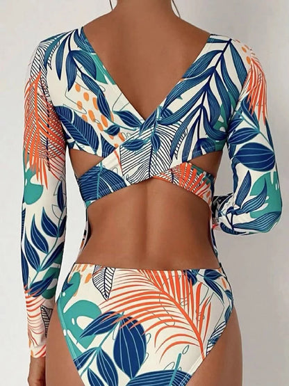 Tropical Leaf Print Long Sleeve Swimsuit One Piece Hollow Out Cross Swimwear Women Bathing Suit Padded Beachwear Swimming Summer
