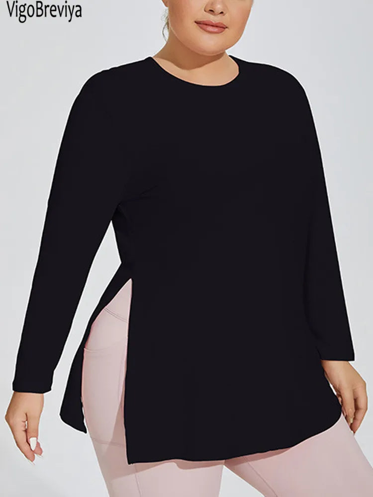 Women  Long Sleeve Plus Size Yoga Top Fitness Big Hooded Sports T-shirts Solid Gym Running Curvy Workout Tops