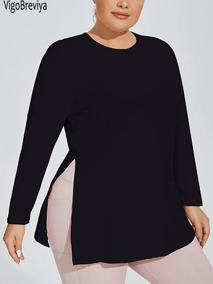 Women  Long Sleeve Plus Size Yoga Top Fitness Big Hooded Sports T-shirts Solid Gym Running Curvy Workout Tops