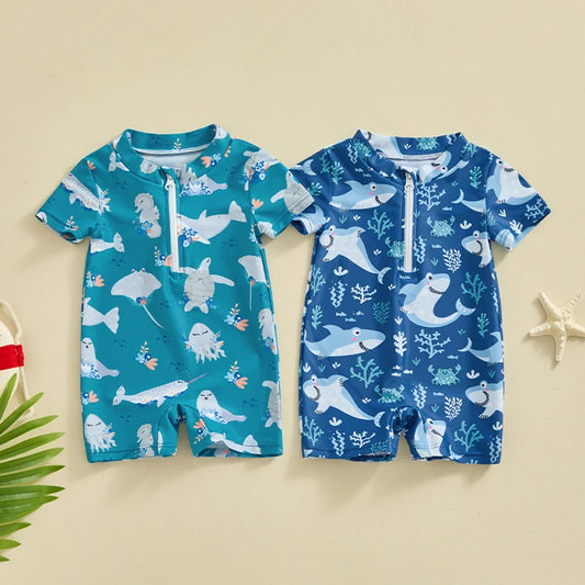 0-3Y Toddler Baby Boys Sun Swimwear Short Sleeve Zipper Ocean Animal Print Beachwear Swimsuits