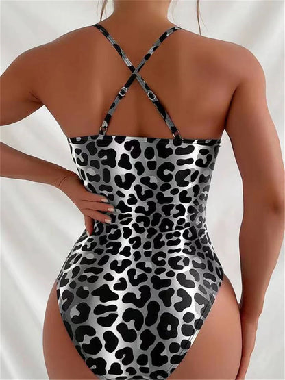 Color Leopard Printed Swimsuit Women One Piece Strapped Swimwear Female Padded Beachwear Bather Bathing Swim Suit Beachwear
