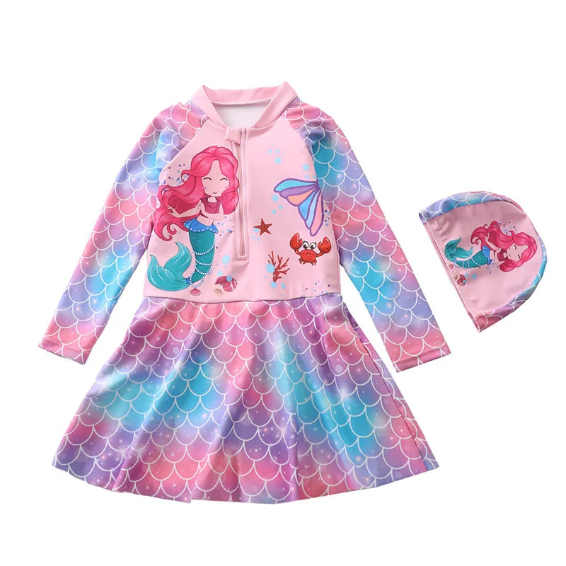 Mermaid Swimsuit for Girls Long Sleeves Children's Swimwear Front Zipper One-Piece Swimming Dresses Summer Beach Bathing Suit