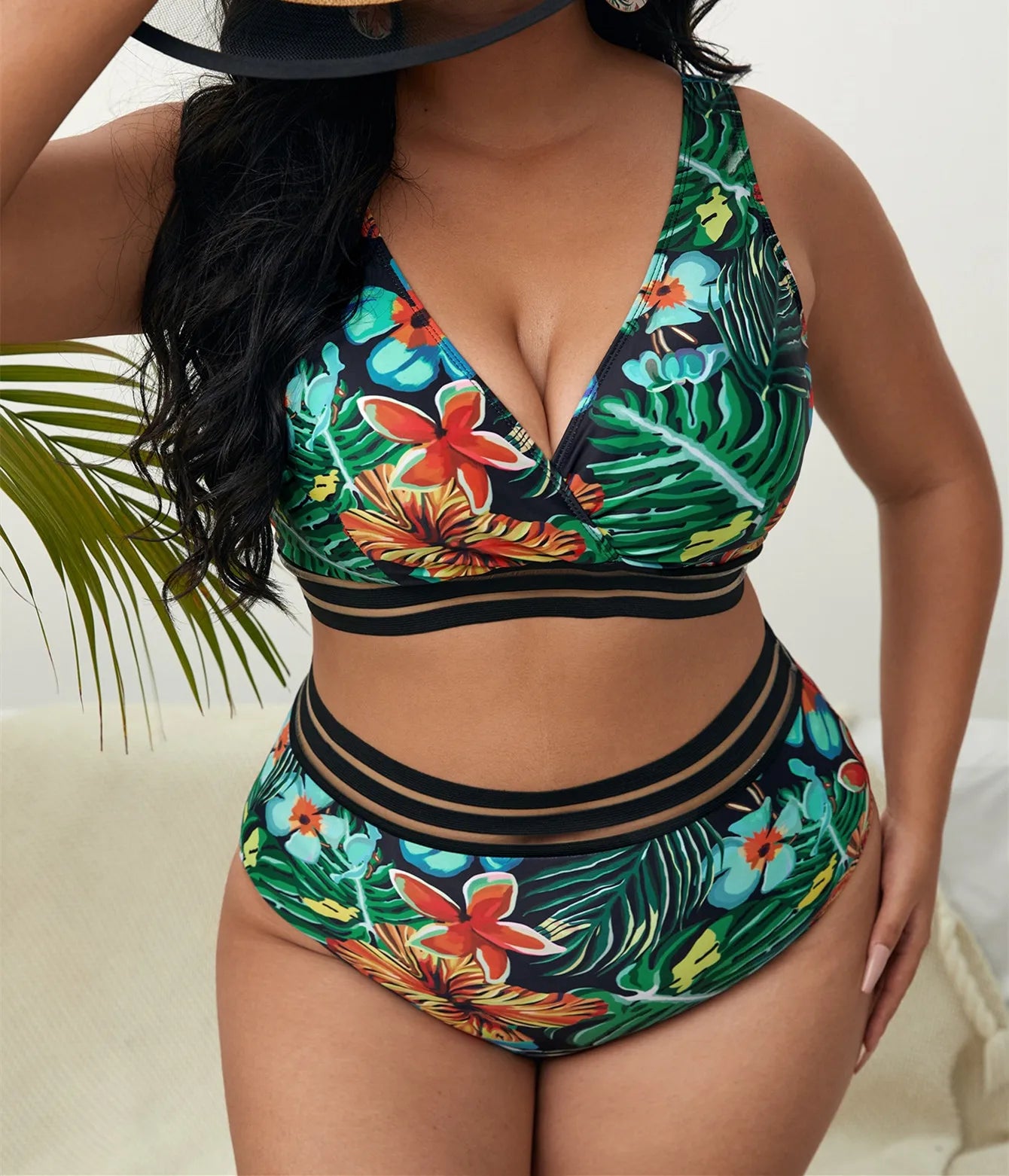 Large Floral Print Swimwear Women Plus Size V Neck Separate Swimsuit 2 Piece High Waist Bikini Set Bathing Suit