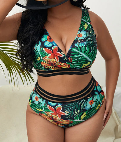 Large Floral Print Swimwear Women Plus Size V Neck Separate Swimsuit 2 Piece High Waist Bikini Set Bathing Suit