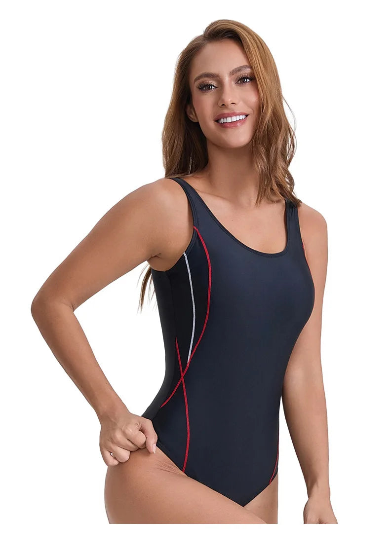 Women One Piece Swimsuit Conservative Splice Color Sleeveless Backless Nylon Swimwear Triangular Rash Guard Bathing Suit