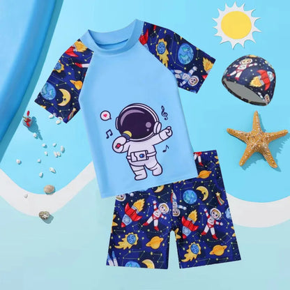 Summer Set Cartoon Print Kids Boys Swimwear Children's Swimsuit  Surfing Suit Swimming Clothes For Boy Beachwear with Hat