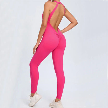 Pad Scrunch Backless Yoga Sport Jumpsuit Women Monkeys One Piece Gym Outfit Legging Fitness Overalls Workout Pant Clothing