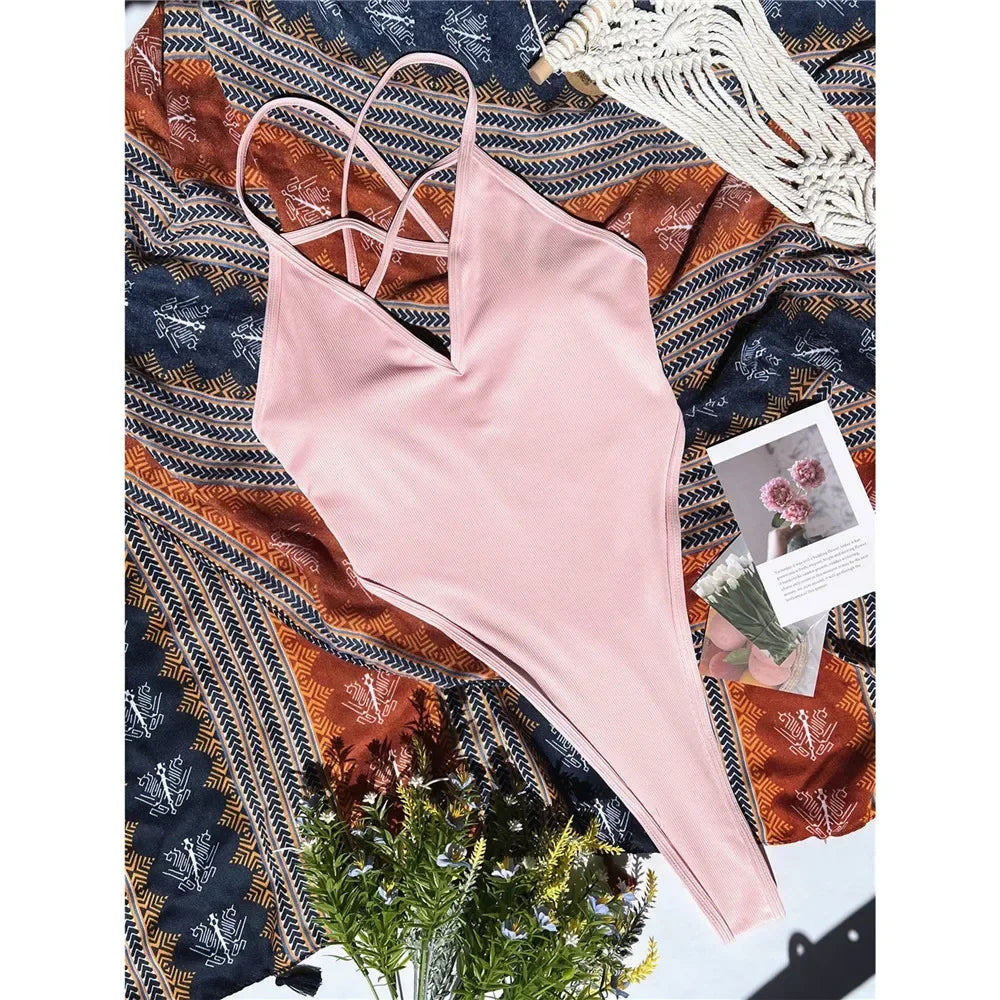 Pink Swimsuit Cross String Backless Micro Bikini Extreme BeachWear One-Piece Monokini Bandage Sexy Women Bathing Suits Swimwears