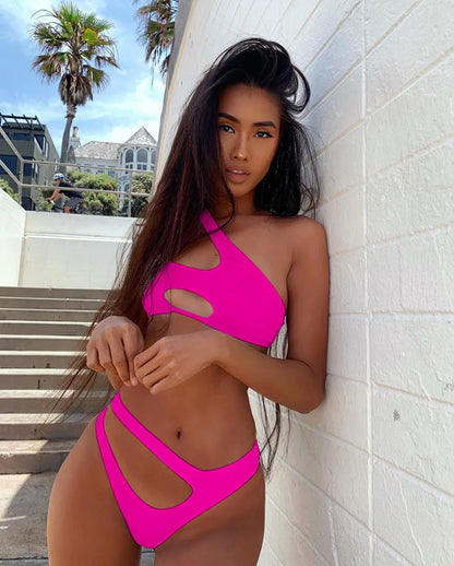 Solid color swimsuit irregular diagonal shoulder  bikini Swimwear Beach Bathing Suits