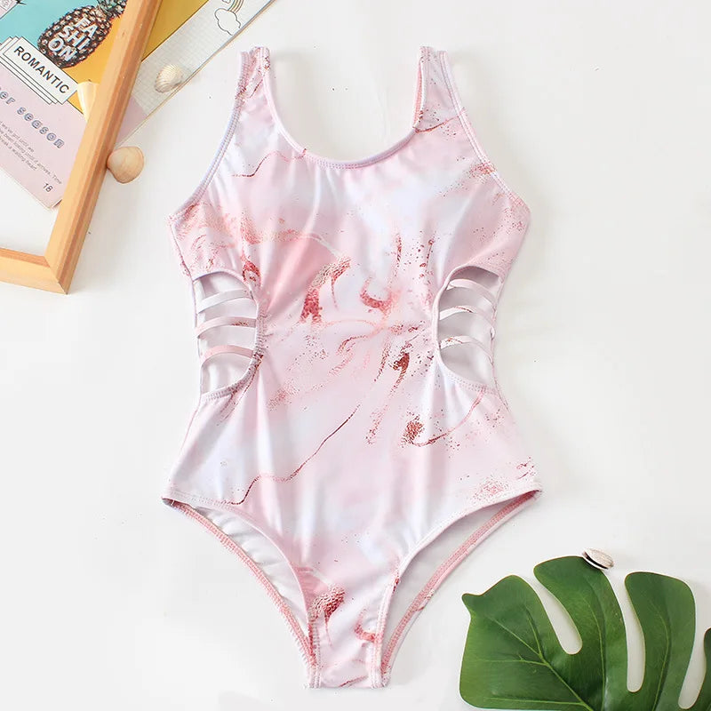 Purple Tie Dye Teens Girls One Piece Swimsuit 7-12 Year Kids Swim Suit Cut Out Children's Swimwear Bathing Suits Beachwear