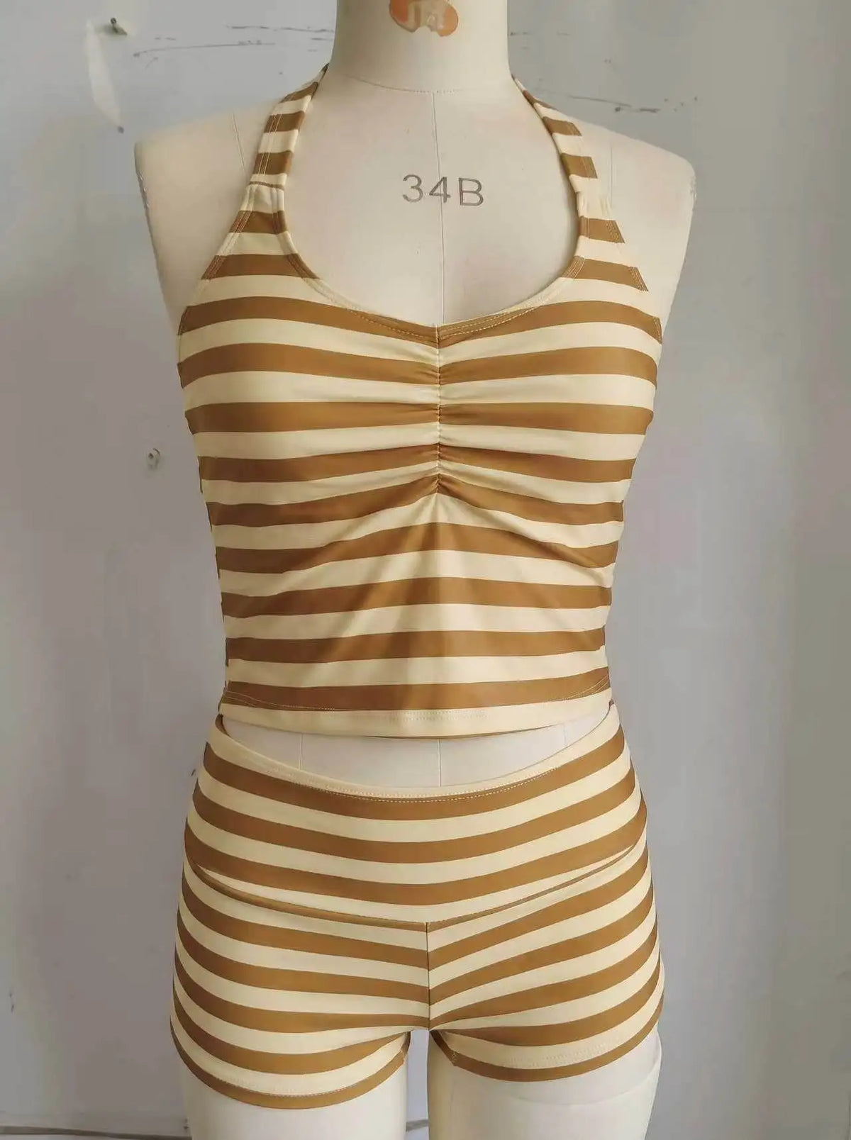 Striped Halter Tankini Set – 2-Piece Ruched Top & Boyshort Swimsuit
