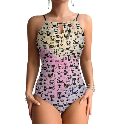Funny Cat Swimsuit Cartoon Animal Print Women Swimwear One-Piece Bodysuit Holiday Swim Push Up High Cut Beach Outfits