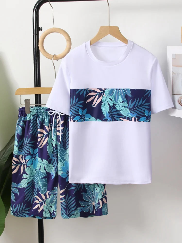 Boy Kids Swimsuit Solid Leaves Print Short Sleeve Children Swimwear Summer Two Piece Beach Shorts Bathing Suit Swimming