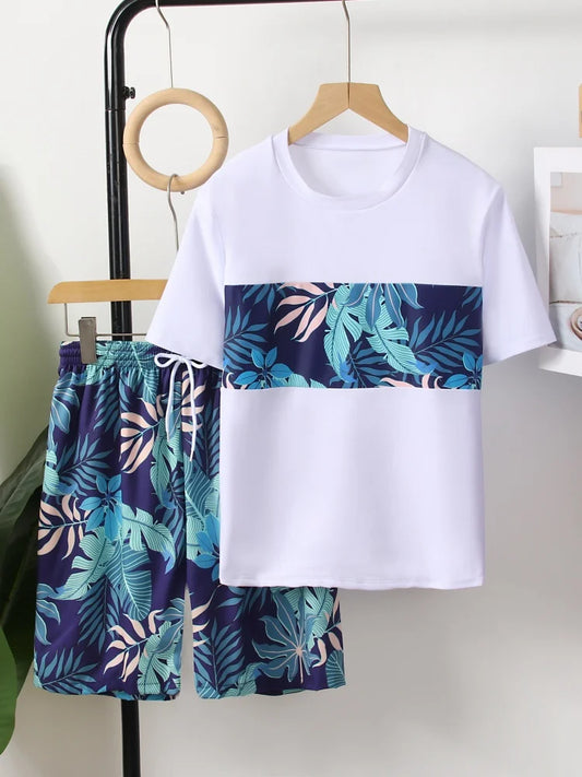 Boy Kids Swimsuit Solid Leaves Print Short Sleeve Children Swimwear Summer Two Piece Beach Shorts Bathing Suit Swimming