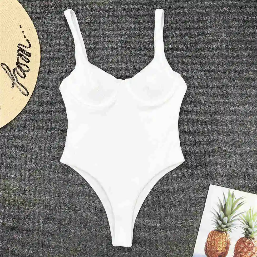 S - XL High Cut Women Swimwear Ribbed Underwired One Piece Swimsuit Female Bather Bathing Suit Swim Lady Bodysuit
