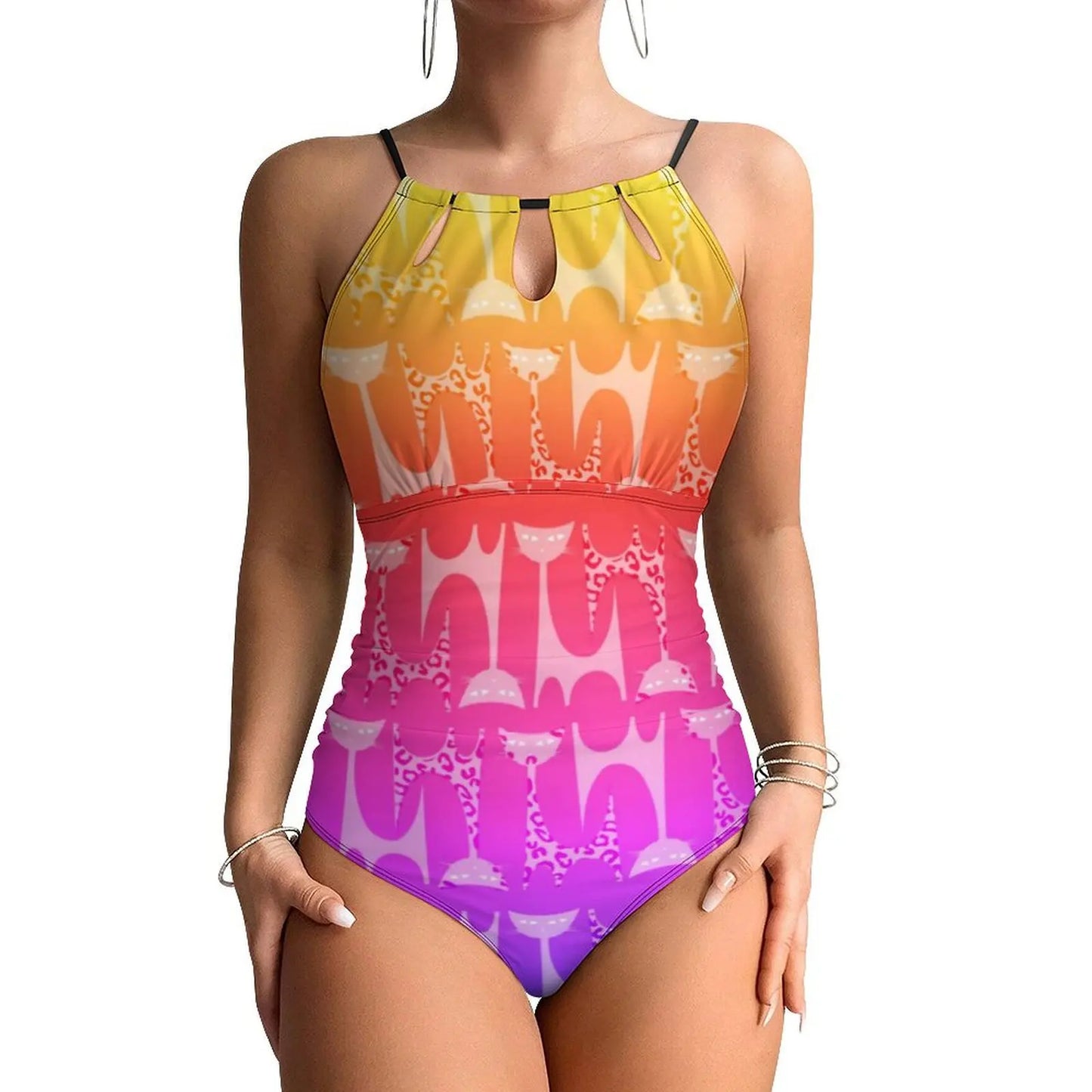 Funny Cat Swimsuit Cartoon Animal Print Women Swimwear One-Piece Bodysuit Holiday Swim Push Up High Cut Beach Outfits