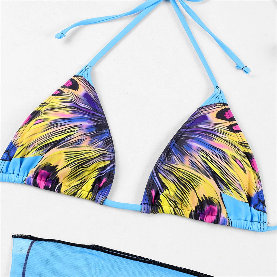 3 Pieces Bikini With Beach Skirt Butterfly Print String Bathing Suit Women Swimwear Female Swimming Swimsuit
