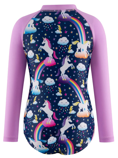 Girls Swimsuit One-Piece Cartoon Horse Weather Icons Print Bikini-Cut Swimwear Long Sleeve Color Blocking Beach Swim Rash Guard