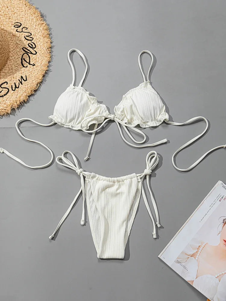 Swimsuit Pit stripe Bikini Women Swimwear  Bathing Suits Push Up Biquinis Bandage Beachwear Solid Bikini Sets