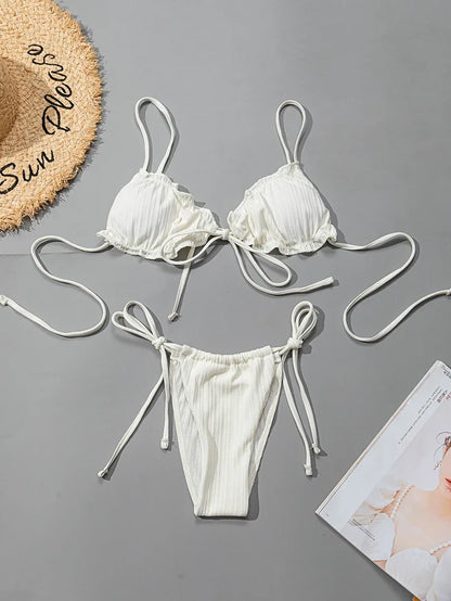 Swimsuit Pit stripe Bikini Women Swimwear  Bathing Suits Push Up Biquinis Bandage Beachwear Solid Bikini Sets
