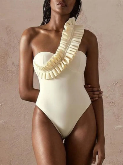 Women Monokini One-Piece Swimsuit Female Solid Bathing Suit Vacation Beachwear Ruffle Swimming Suit