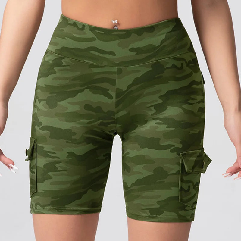 Camouflage Printed Women Shorts with Pockets Butt Lifting Tummy Tight Elastic Slim Outdoor Running Workout Shorts Streetwear
