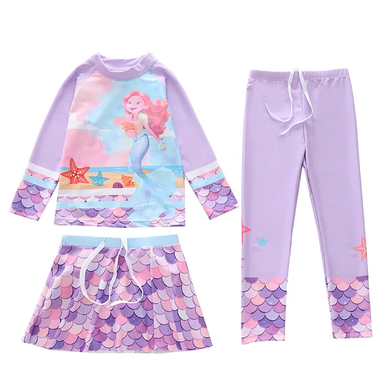 Swimsuit for Children Long Sleeve Rash Guard Swim Skirt and Surf Pant Set Sunscreen UV Protection Beach Kids Bath Clothes Girl