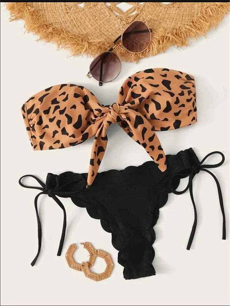 Beach Bikini Woman Front Lace Up Tie Bandeau Leopard Swimsuit Female Push Up Ruffled Bow Bathing Suit Thong Swimwear