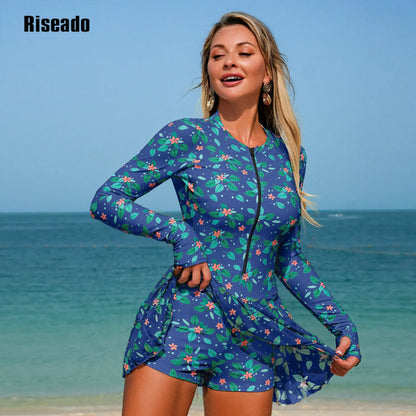 Women Long Sleeve Full Body Swimdress Slimming Surfing One Piece Swimsuit Skirt Boyshorts Swimming Beach Clothing