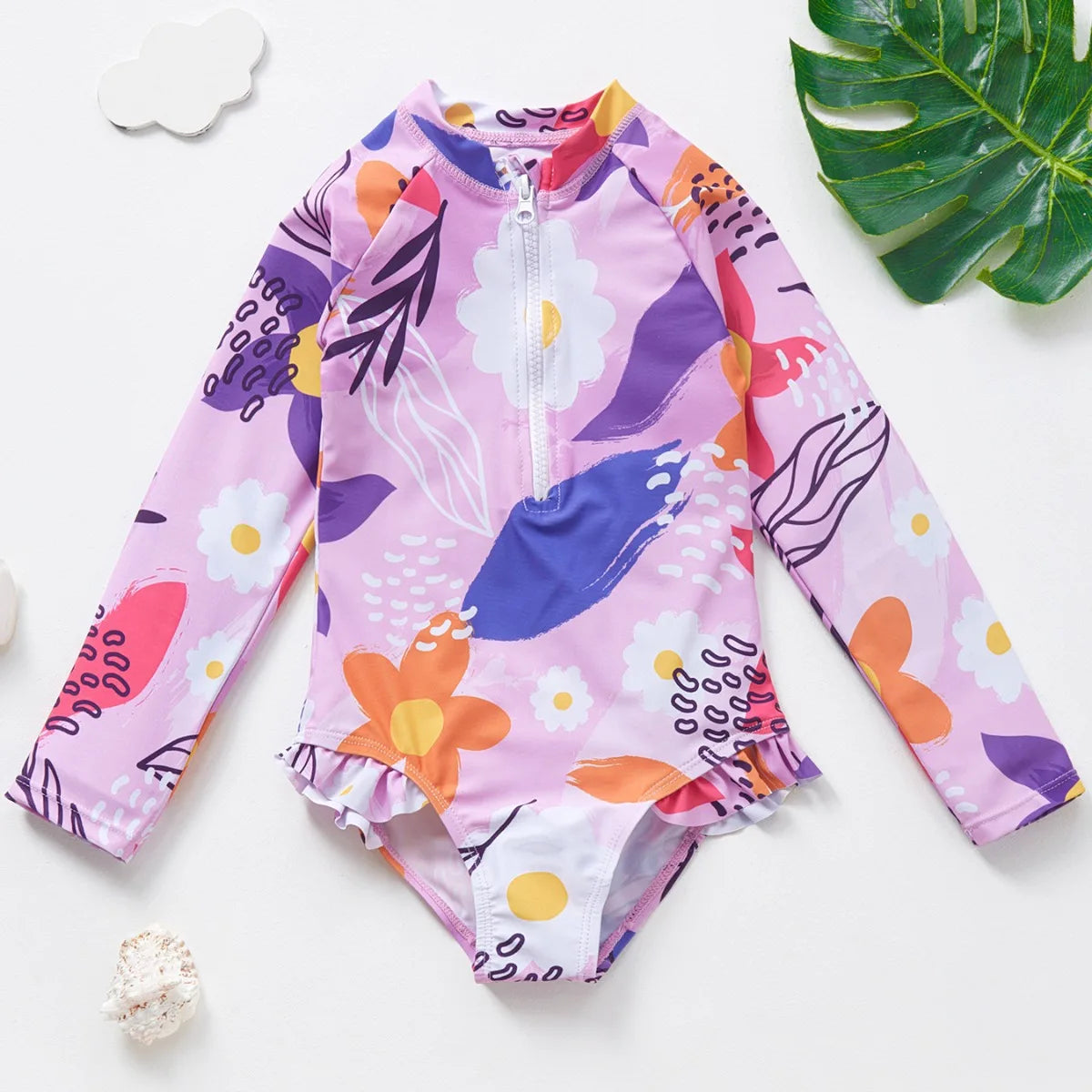 Girls Swimsuit Long Sleeves One Piece Swimwear for Kids Toddler Leopard UPF50+ Rash Guards Infant Bathing Suit