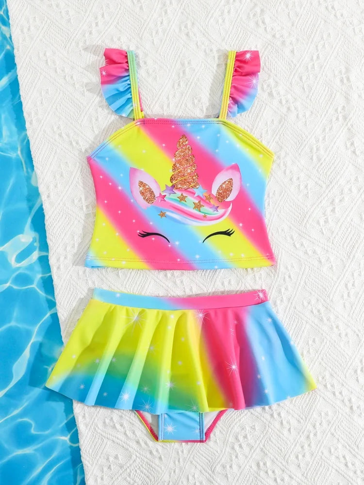 Bikini Girls Kids Swimsuit Rainbow Strips Ruffle Sling Children Swimwear Summing Bikinis Short Skirt Beach Bathing Suit
