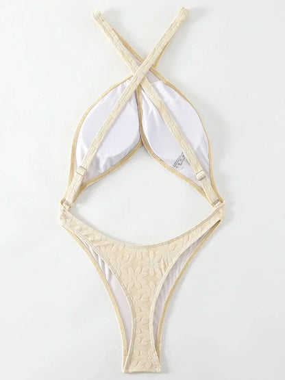 Wrinkled High Cut Out Thong Female Swimwear One Piece Swimsuit Women Cross Backless Monokini Bather Bathing Suit Swim Beach Wear