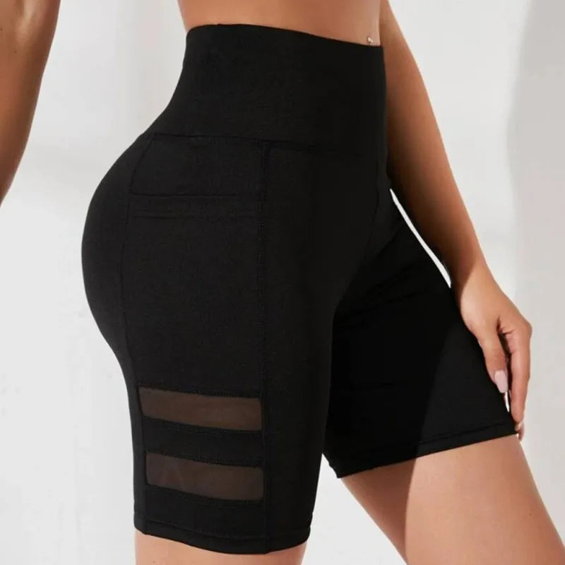 Yoga Pants, Pocket Shorts, Women's Casual Mesh Splicing Cycling Pants, High Waisted Fitness Pants, Sports Shorts