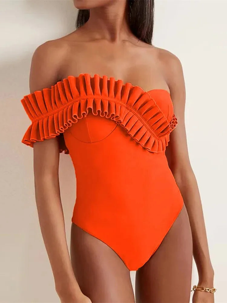 Women Monokini One-Piece Swimsuit Female Solid Bathing Suit Vacation Beachwear Ruffle Swimming Suit