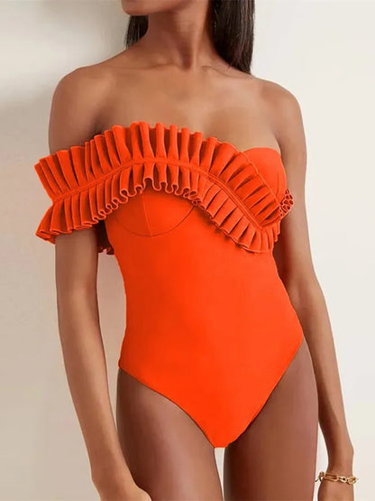 Women Monokini One-Piece Swimsuit Female Solid Bathing Suit Vacation Beachwear Ruffle Swimming Suit