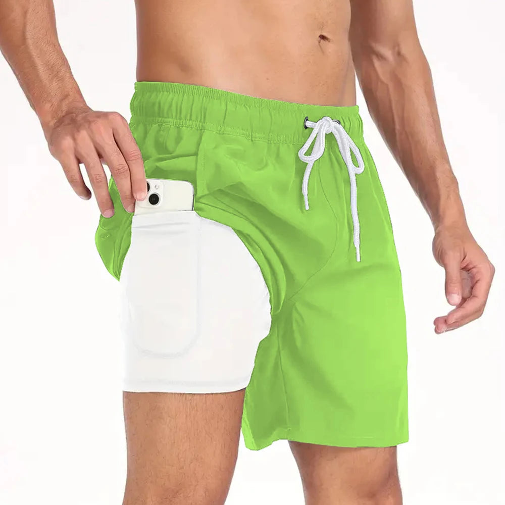 Men Summer Quick Dry Beach Board Shorts Breathable with Compression Liner & Phone Pocket Elastic Waist Multiple Colors Available