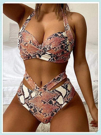 Halter High Waist Bikini Women Tie Dye Swimsuit Push Up Swimwear Female Printed Bathing Suit Lace Up Back Beachwear