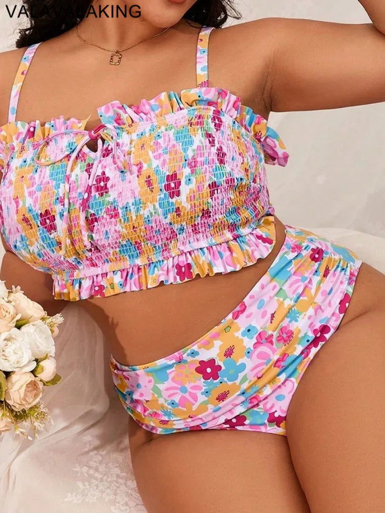 Print 2 Piece Plus Size Bikini Women Verge Strapped Large Swimsuit High Waist Lady Swimwear Beach Curvy Bathing Suit