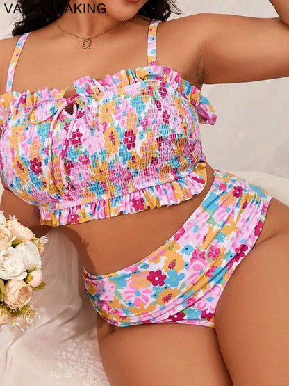 Print 2 Piece Plus Size Bikini Women Verge Strapped Large Swimsuit High Waist Lady Swimwear Beach Curvy Bathing Suit