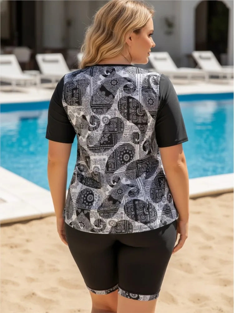 XL-5XL Plus Size Tankini Rash Guard Short Sleeve Women's Push Up Large Size 5XL Swimsuit Summer Tummy Control Swimwear Bikini Sets