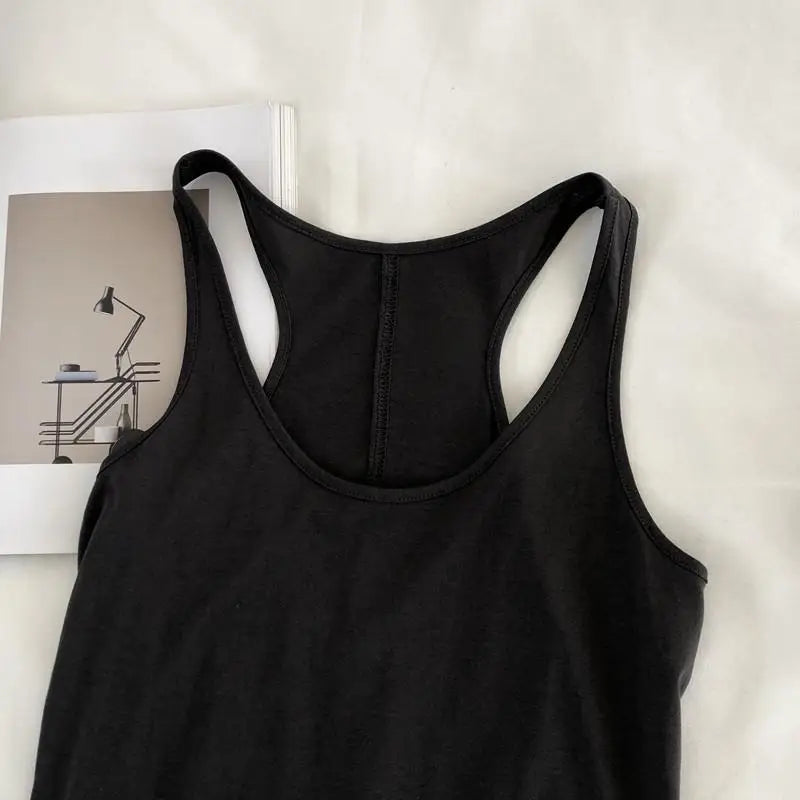 Irregular Tank Tops Summer O-neck Black Casual Sleeveless Tshirt Top Solid Color Loose Basic Camisole Female Fitness Sport Vest