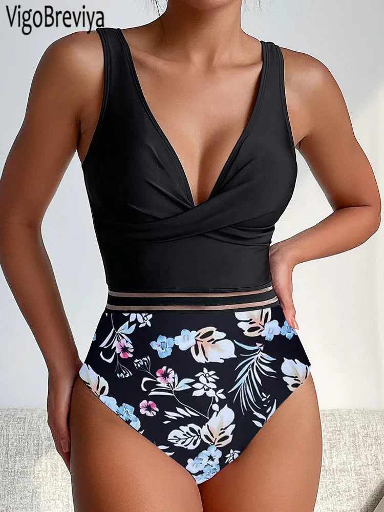 Floral Print Patchwork Swimwear Women Cross Push UP One Piece Swimsuit Monokini Backless Summer Bathing Suit
