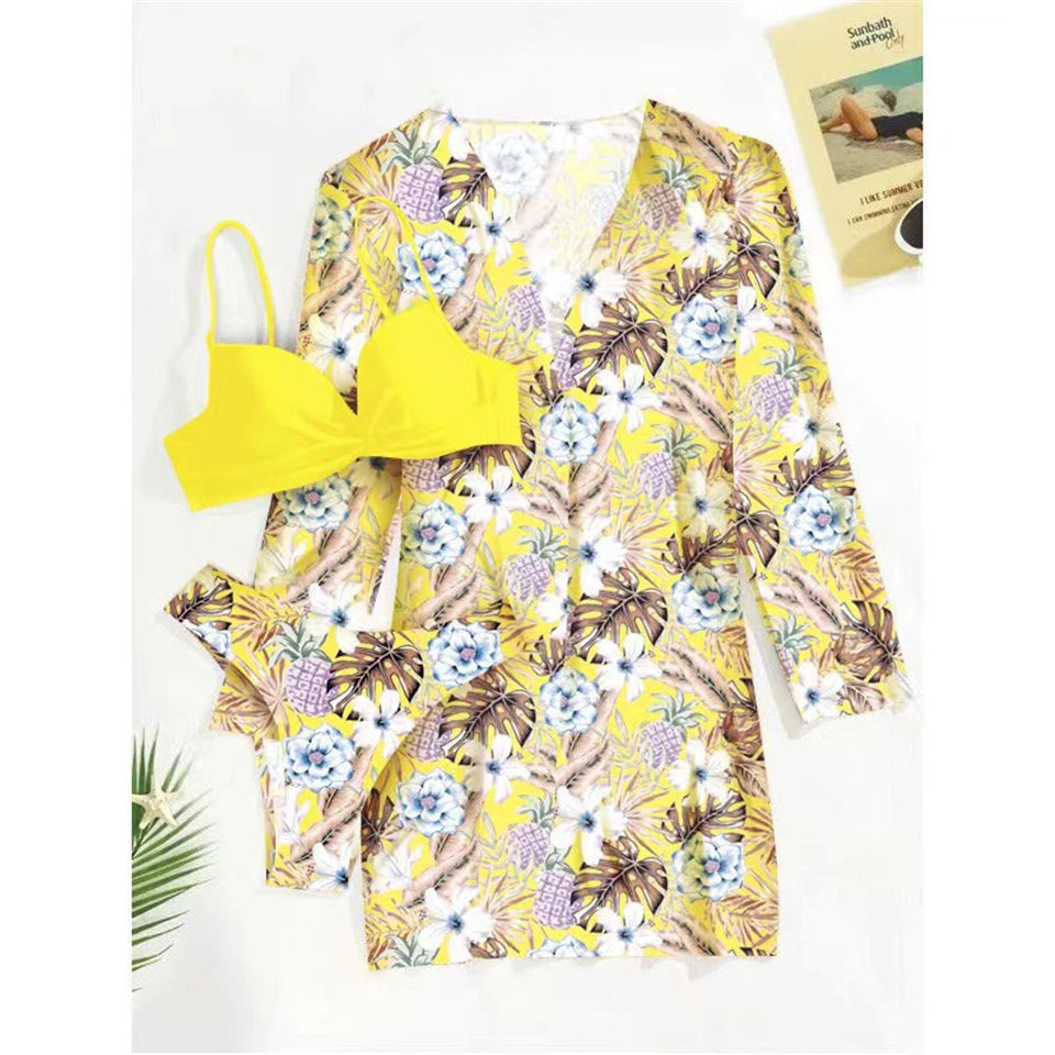 3 Pieces High Waist Bikini With Long Sleeve Kimono Swimsuit Women Print Swimwear Female Bathing Swimming Beach Suit Summer