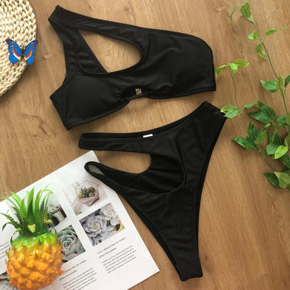 Solid color swimsuit irregular diagonal shoulder  bikini Swimwear Beach Bathing Suits