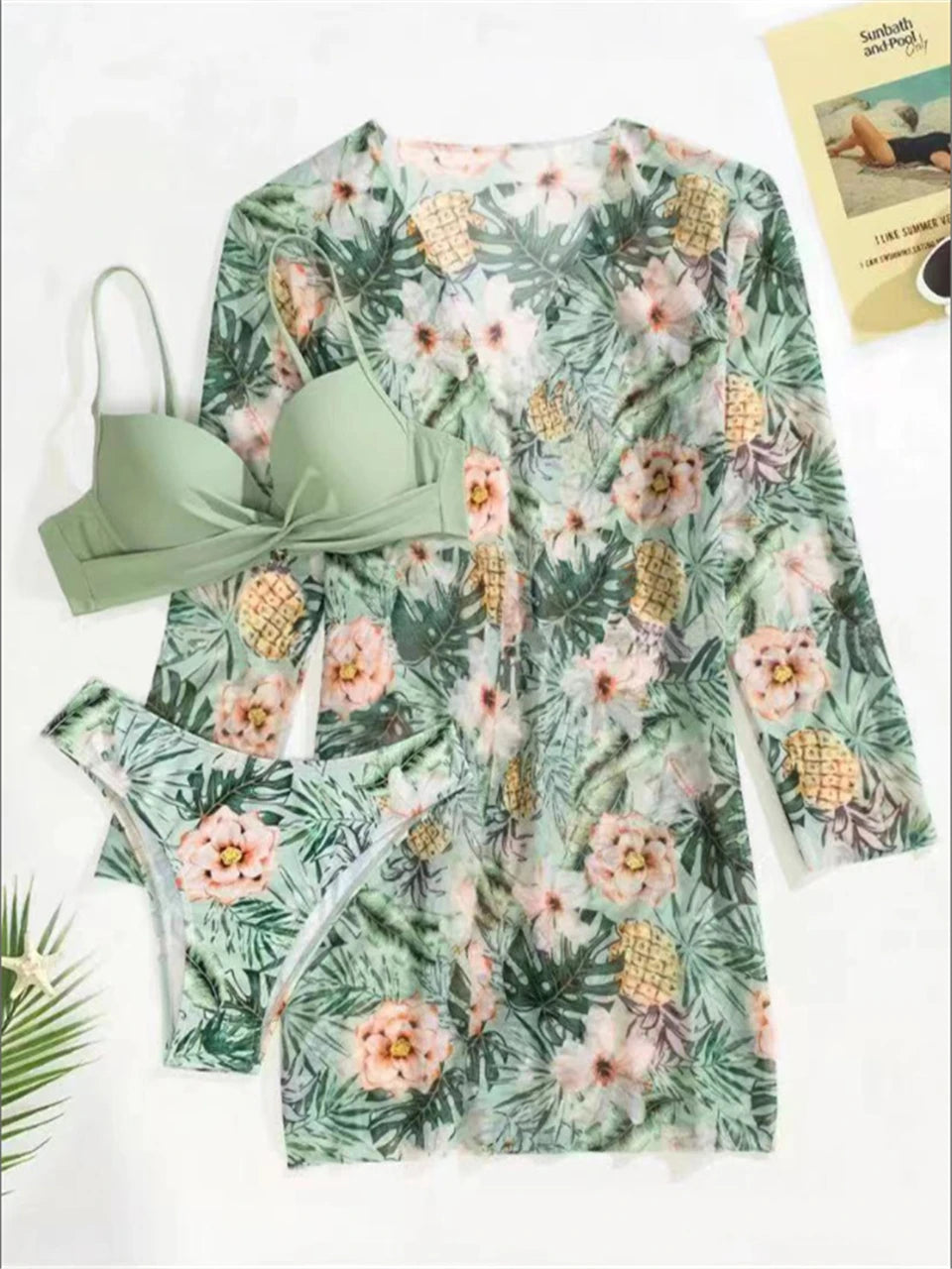 3 Pieces High Waist Bikini With Long Sleeve Kimono Swimsuit Women Print Swimwear Female Bathing Swimming Beach Suit Summer