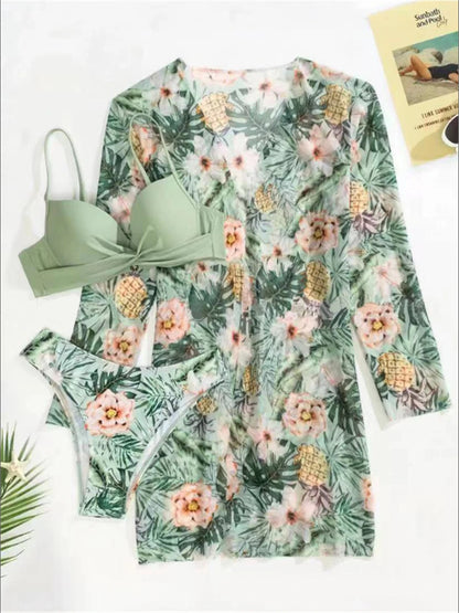 3 Pieces High Waist Bikini With Long Sleeve Kimono Swimsuit Women Print Swimwear Female Bathing Swimming Beach Suit Summer