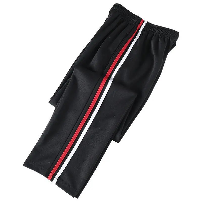 Red White Stripes Casual Sports Pants Solid Elastic Waist Pockets Durable Breathable Straight Trousers