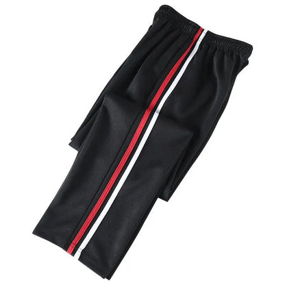 Red White Stripes Casual Sports Pants Solid Elastic Waist Pockets Durable Breathable Straight Trousers
