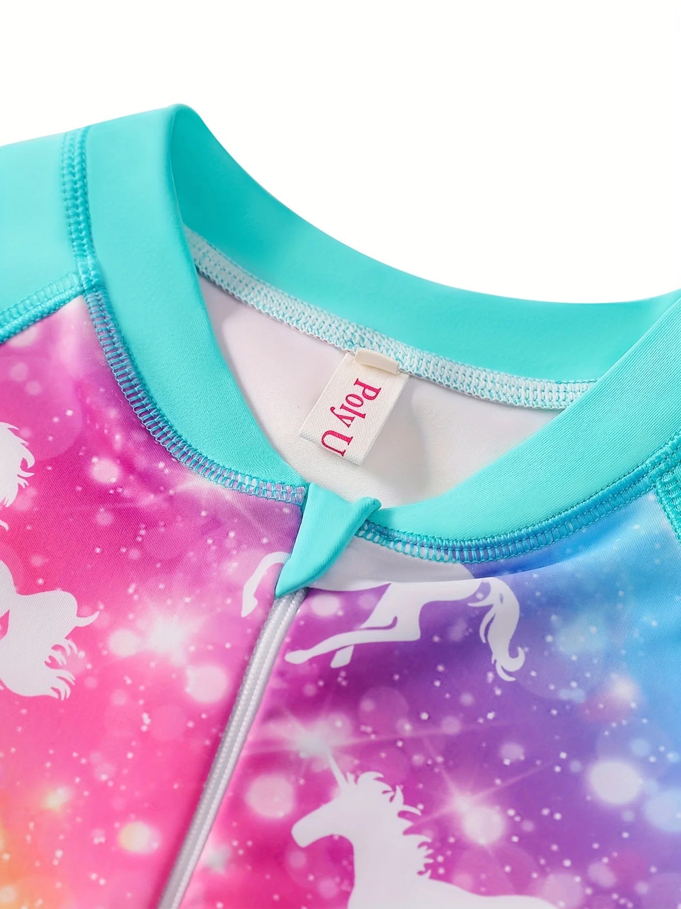 Girls Swimsuit, One-Piece Long Sleeve Swimwear, Rainbow Color with Horse Print, Beach Pool Style, Kids Swim Rash Guard, Summer