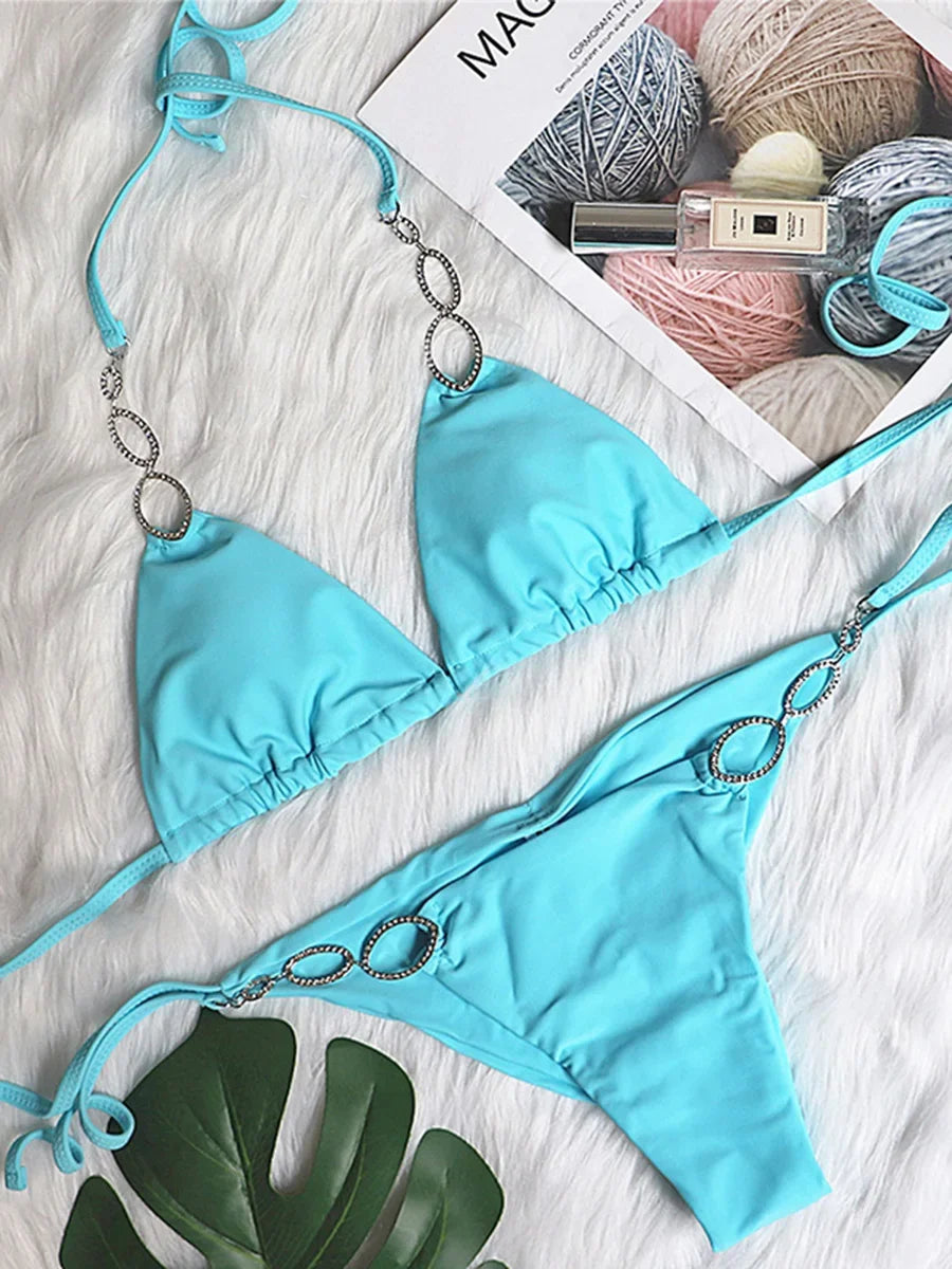 Shiny Crystal Diamond Bikini Women Halter Bandage Swimsuit Female Swimwear Rhinestone Bikini set Brazilian Bathing Suit